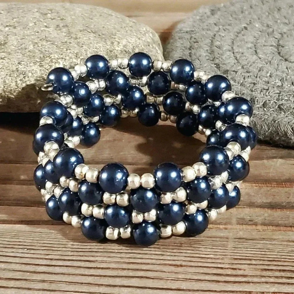 Handcrafted Dark Blue Glass Pearl Silver Beads Wrap Bracelet - Picture 3 of 5